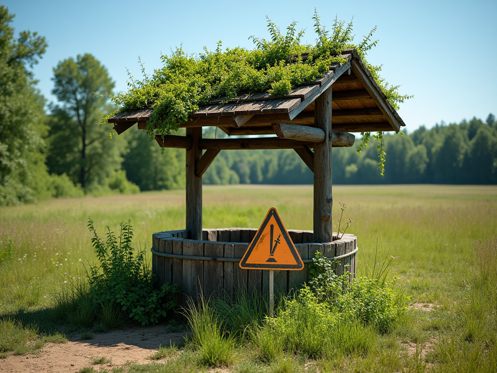 Rustic well with a green plant-covered roof and a caution sign, located in a sunny meadow.