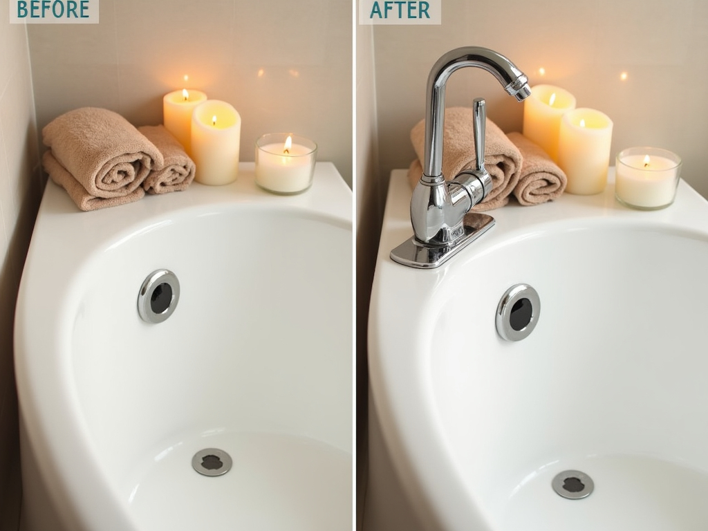 Before and after images of a bidet, the first without a faucet and the latter with a faucet installation.