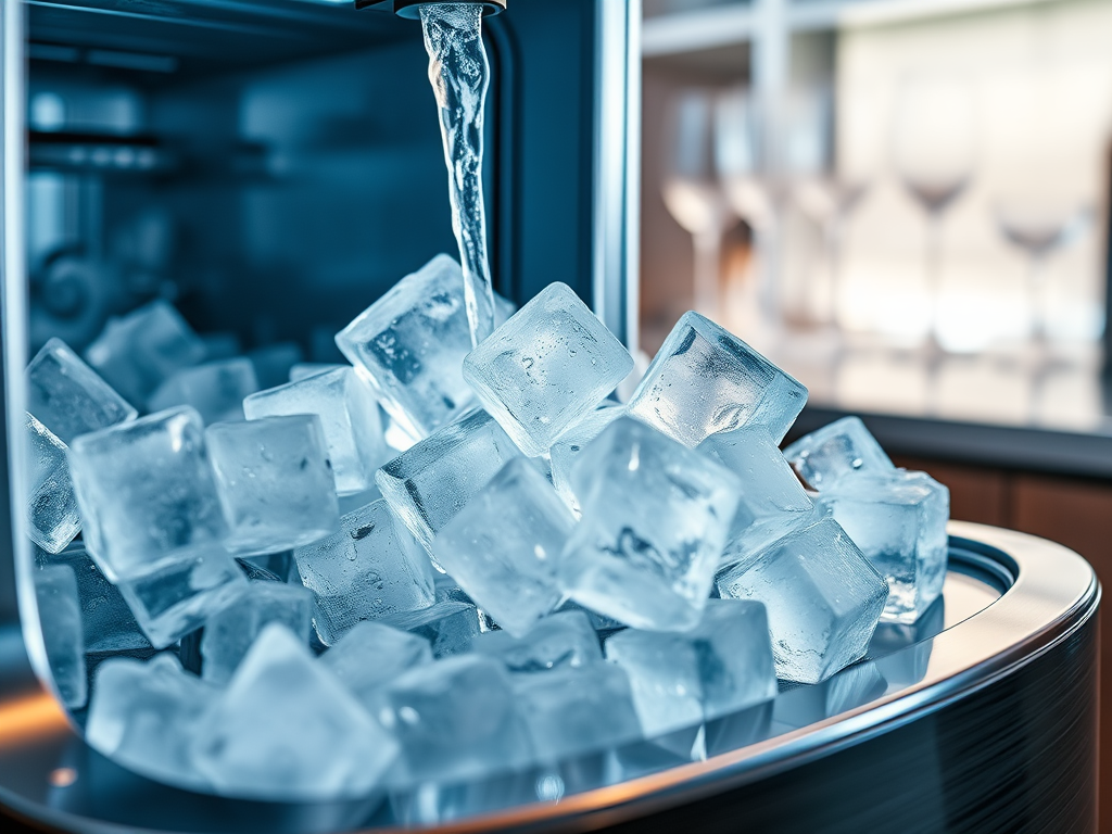 A close-up of a modern ice dispenser pouring water over a pile of clear ice cubes in a kitchen setting.