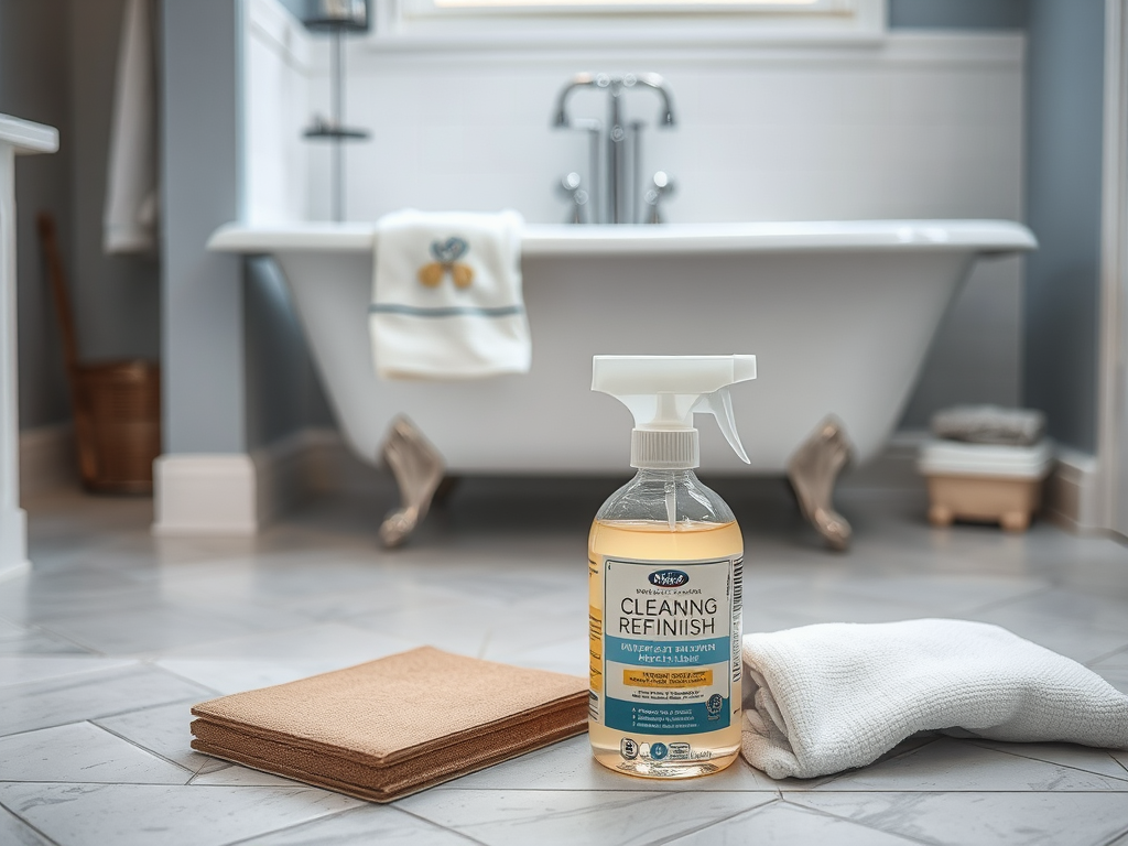 A bottle of cleaning solution next to towels and a bathtub in a stylish bathroom setting.