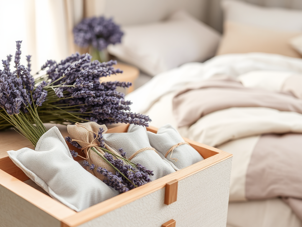 A cozy bedroom scene with lavender flowers, decorative pillows, and soft bedding in neutral tones.