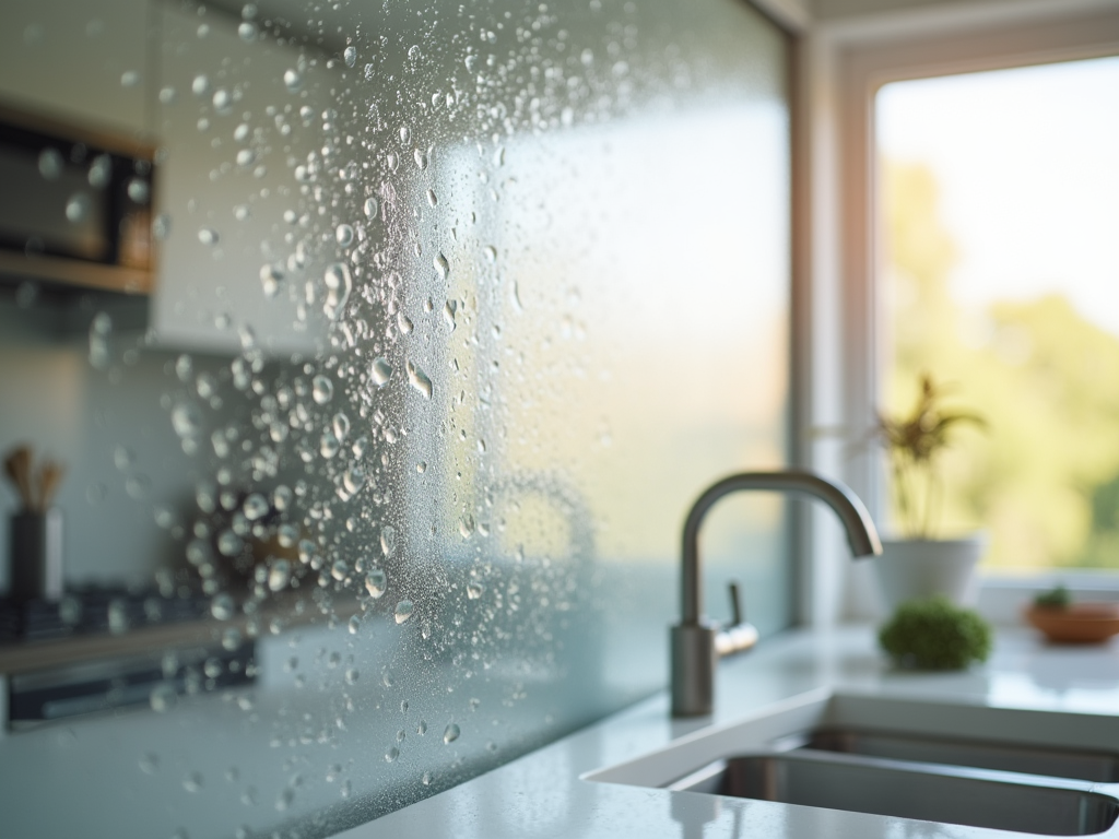 Water droplets on a kitchen window with blurred sink and plants visible in the background.