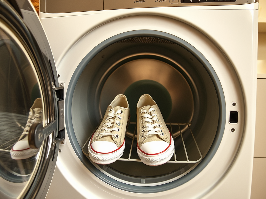 A pair of beige sneakers is placed inside a modern clothes dryer, ready for drying.