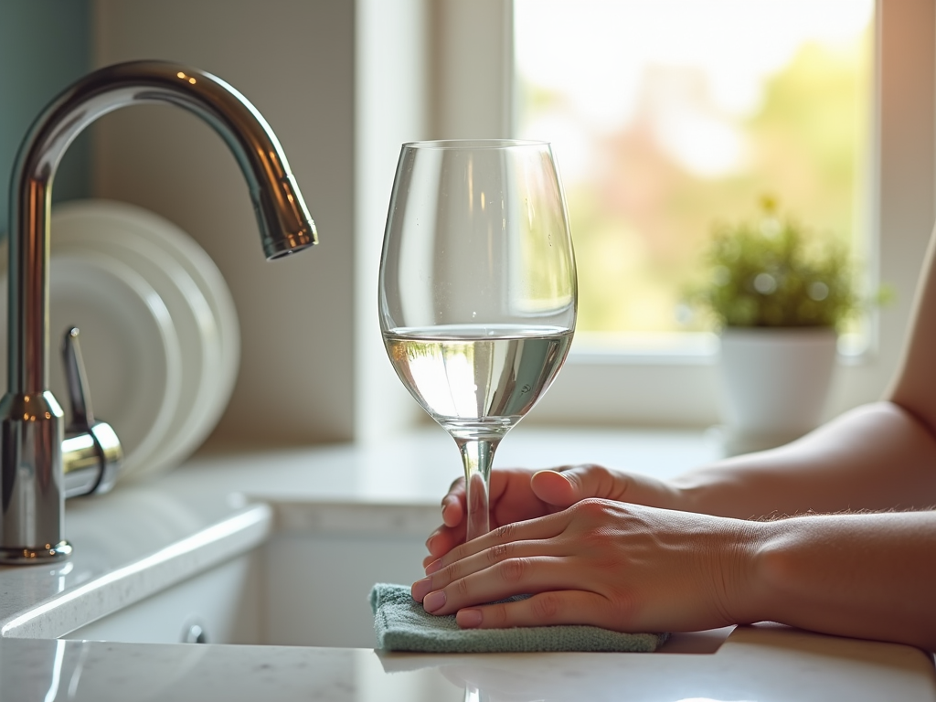 Woman's hands holding an empty wine glass by the kitchen sink, sunlight streaming through the window.