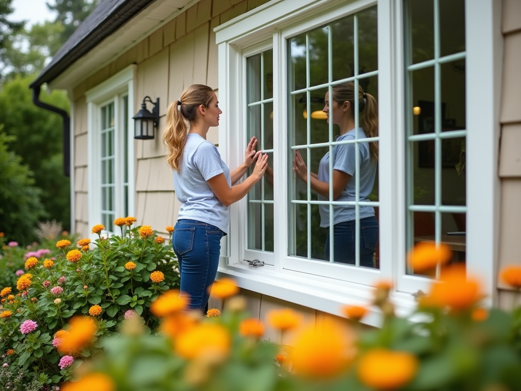 Woman in casual clothing cleaning the exterior of a house window, surrounded by lush flowers.