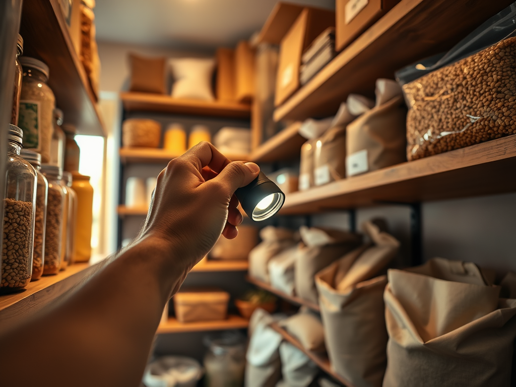 A person holding a flashlight illuminates a pantry filled with jars and bags of various food items on wooden shelves.