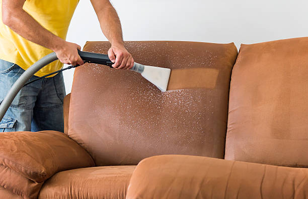 Close-up of steam cleaning machine releasing dirt and debris from a sofa