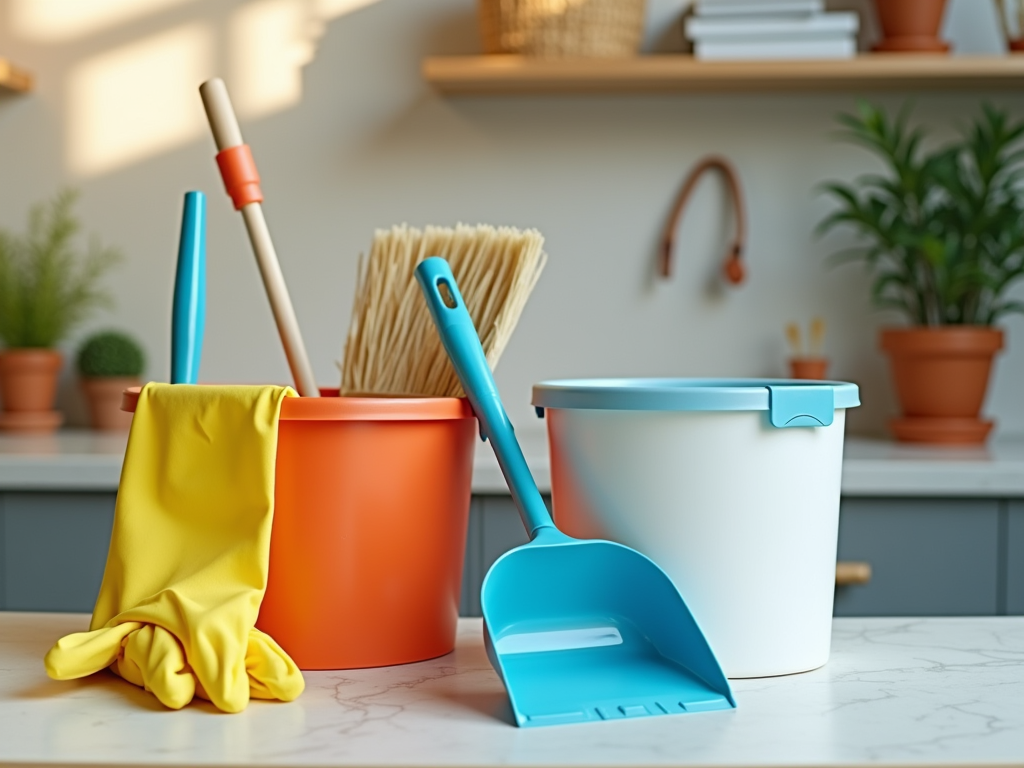 Cleaning supplies on a kitchen counter including a broom, buckets, rubber gloves, and a dustpan.