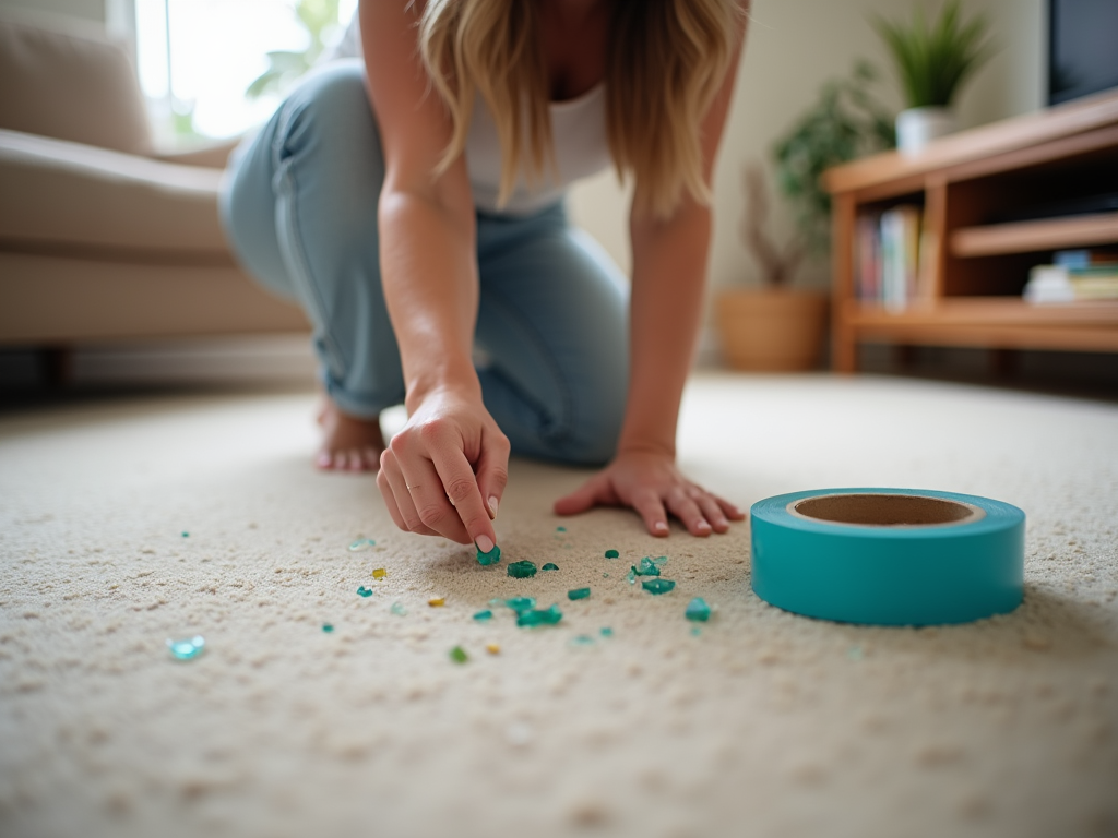 Woman picking up broken glass pieces next to a teal tape roll on a carpeted floor.