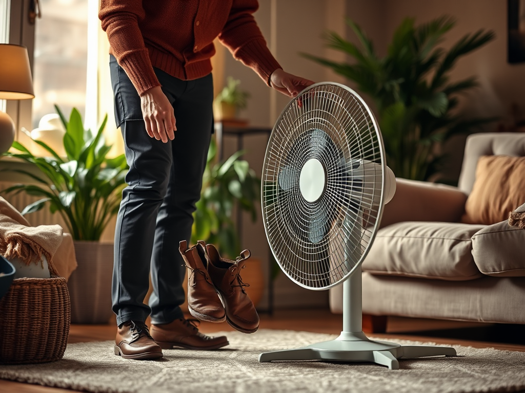 A person in a cozy room adjusts a standing fan while holding a pair of brown shoes.