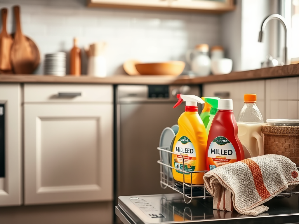 A kitchen countertop with cleaning supplies, towels, and utensils, featuring bottles of detergent and a dishcloth.