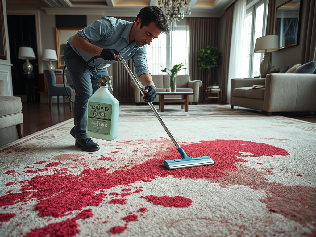 A man cleans a rug with a vacuum, removing red stains, in an elegantly decorated living room.