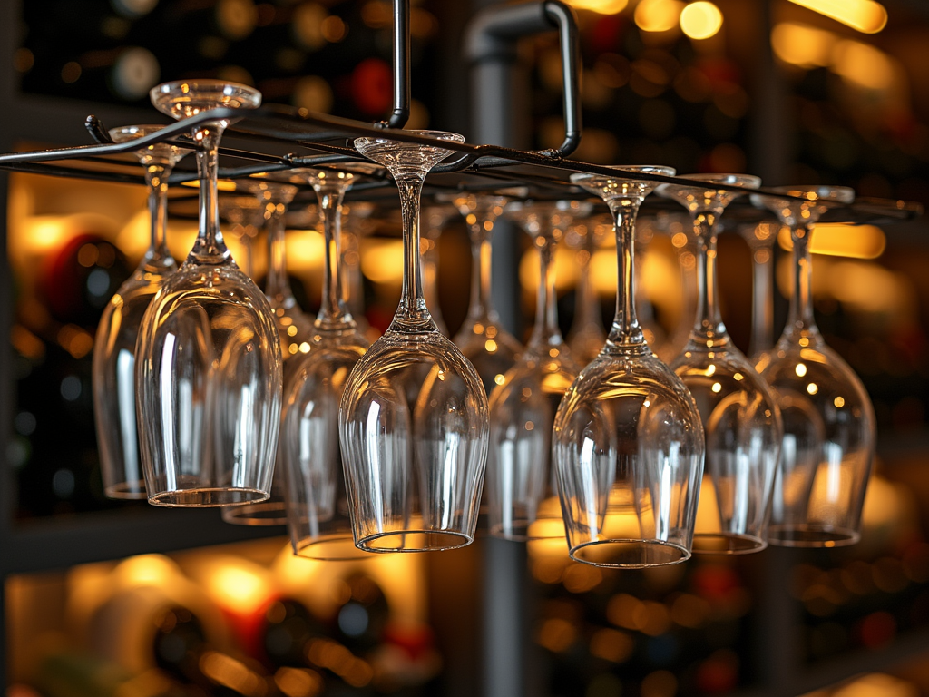 Wine glasses hanging from a rack with a blurry wine shelf background.