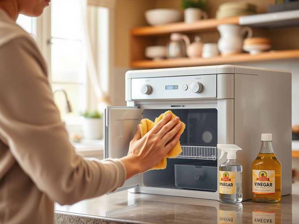 A person cleans a small oven with a cloth, surrounded by bottles of vinegar and cleaning spray in a bright kitchen.