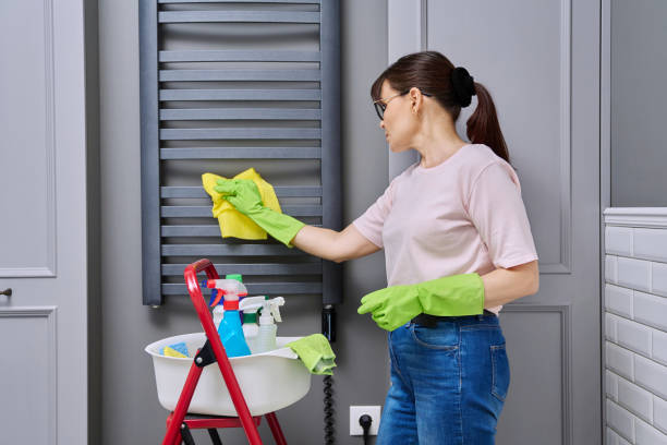 Woman cleaning radiator with yellow cloth, holding basket with cleaning supplies, supporting whole-house tidiness.