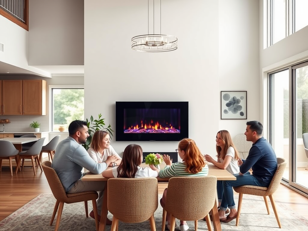 A group of six people sits around a dining table, engaged in conversation, with a modern fireplace in the background.