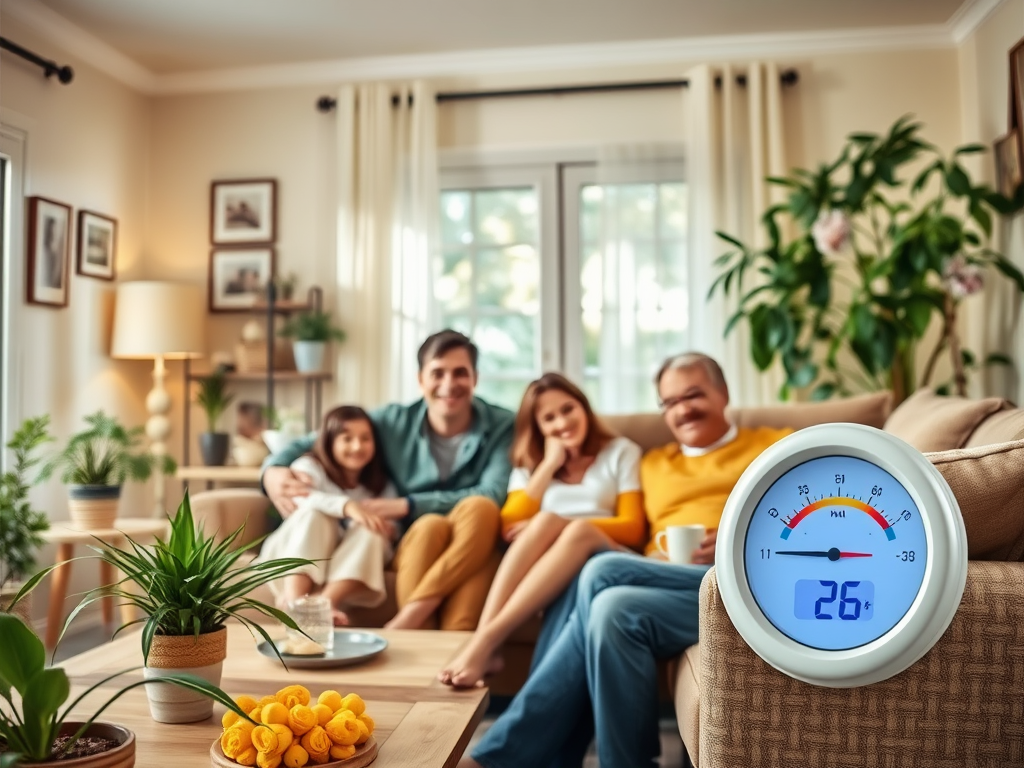 A happy family enjoying time together at home, with a thermometer reading 26°C in the foreground.