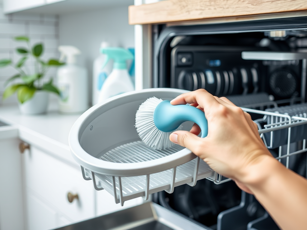 A hand holds a blue brush to clean a gray dish rack inside a dishwasher, with cleaning supplies and a plant nearby.