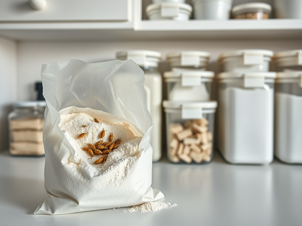 A bag of flour sits on a kitchen counter, with seeds sprinkled on top, surrounded by storage containers in the background.