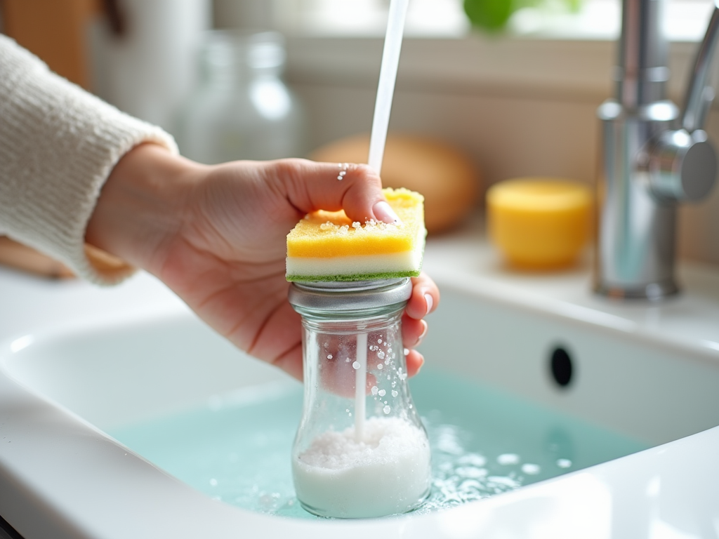 Hand washing a glass jar with a yellow and green sponge in a kitchen sink filled with soapy water.