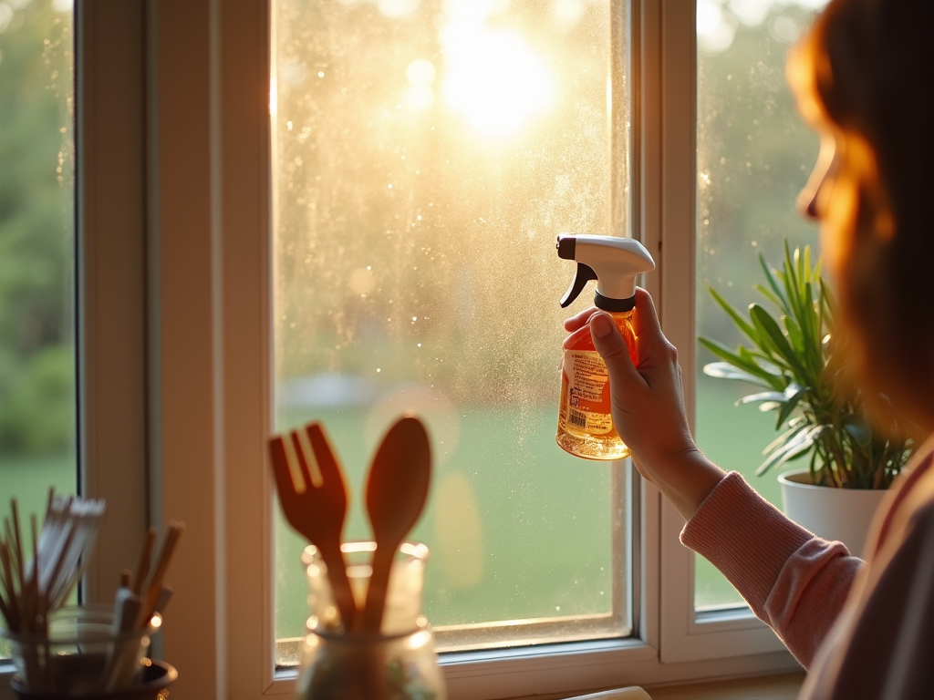 Woman spraying cleaner on a sunlit window, dust particles visible in the air.