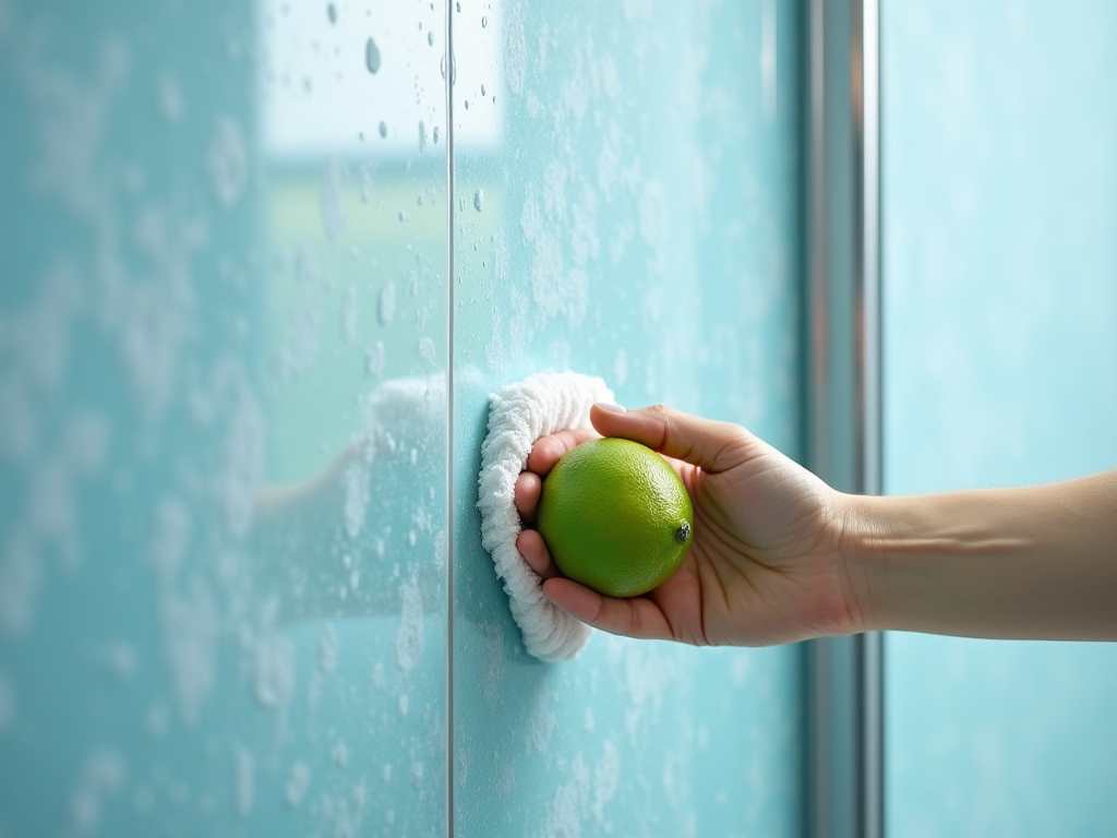 Hand wiping a glass surface with a lime green towel, holding a fresh green lime.