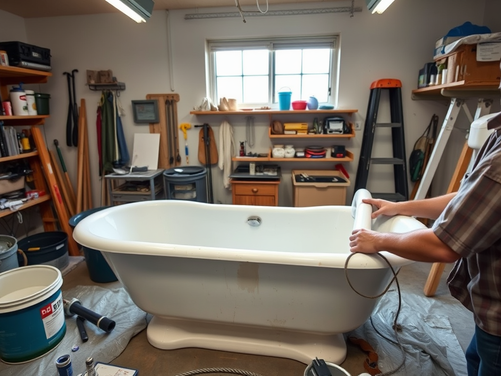 A person is adjusting a white bathtub in a cluttered workshop filled with tools and storage items.