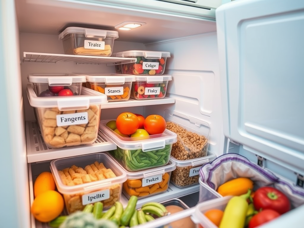 A well-organized refrigerator with labeled containers filled with fruits, vegetables, and snacks.