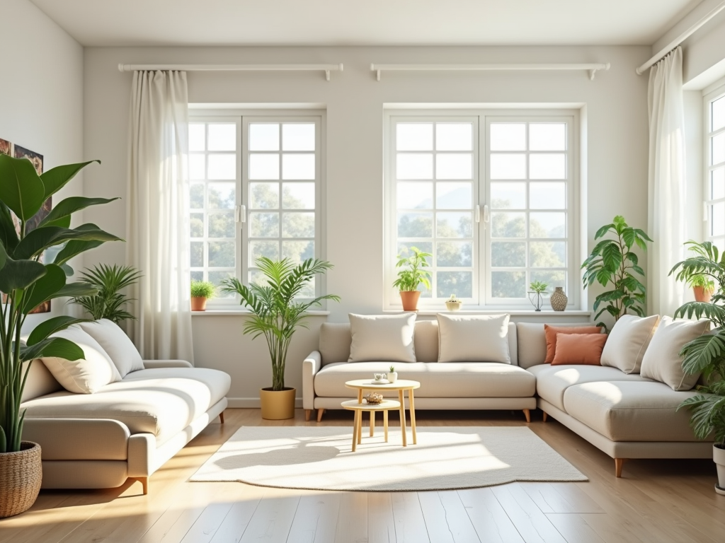 Bright, sunny living room featuring large windows, white sofas, and multiple green houseplants.