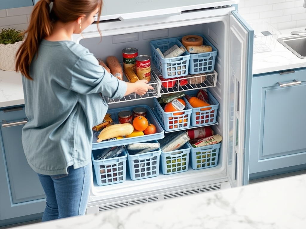 A woman organizes a fridge filled with baskets of fruits, vegetables, and canned goods in a modern kitchen.