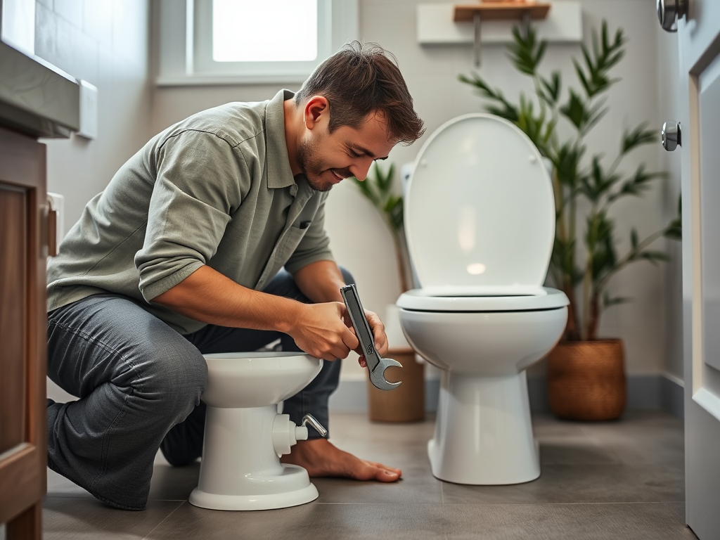 A man is crouched down, using a wrench to fix a toilet in a modern bathroom.