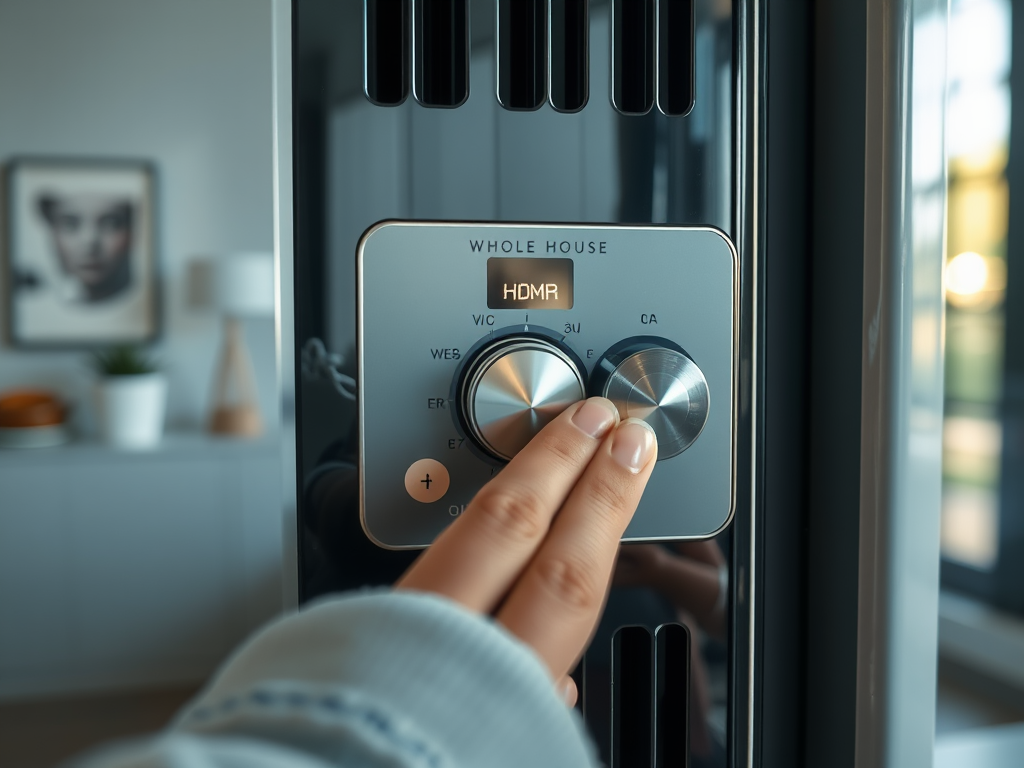 A hand adjusts the control panel of a device labeled "Whole House" with an illuminated display showing "HDMR."