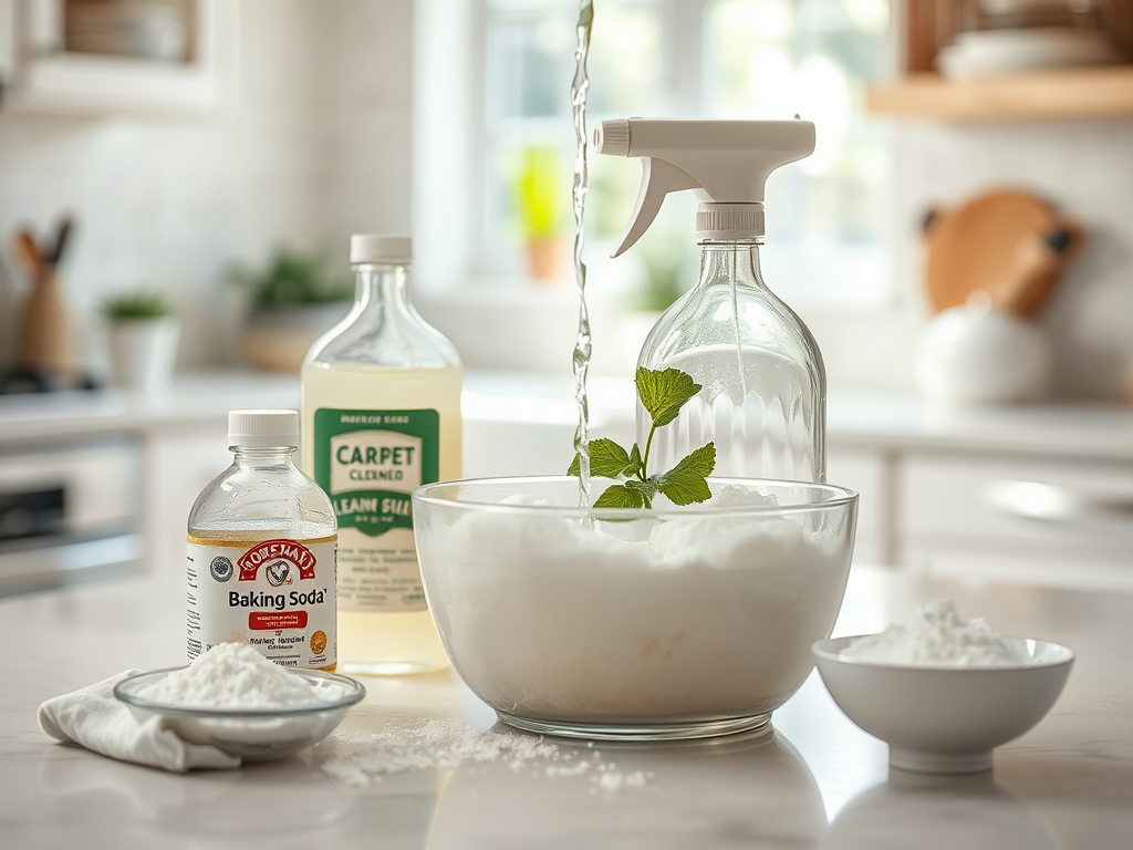 A kitchen scene featuring a bowl of white powder, baking soda, vinegar, and a spray bottle with mint leaves.