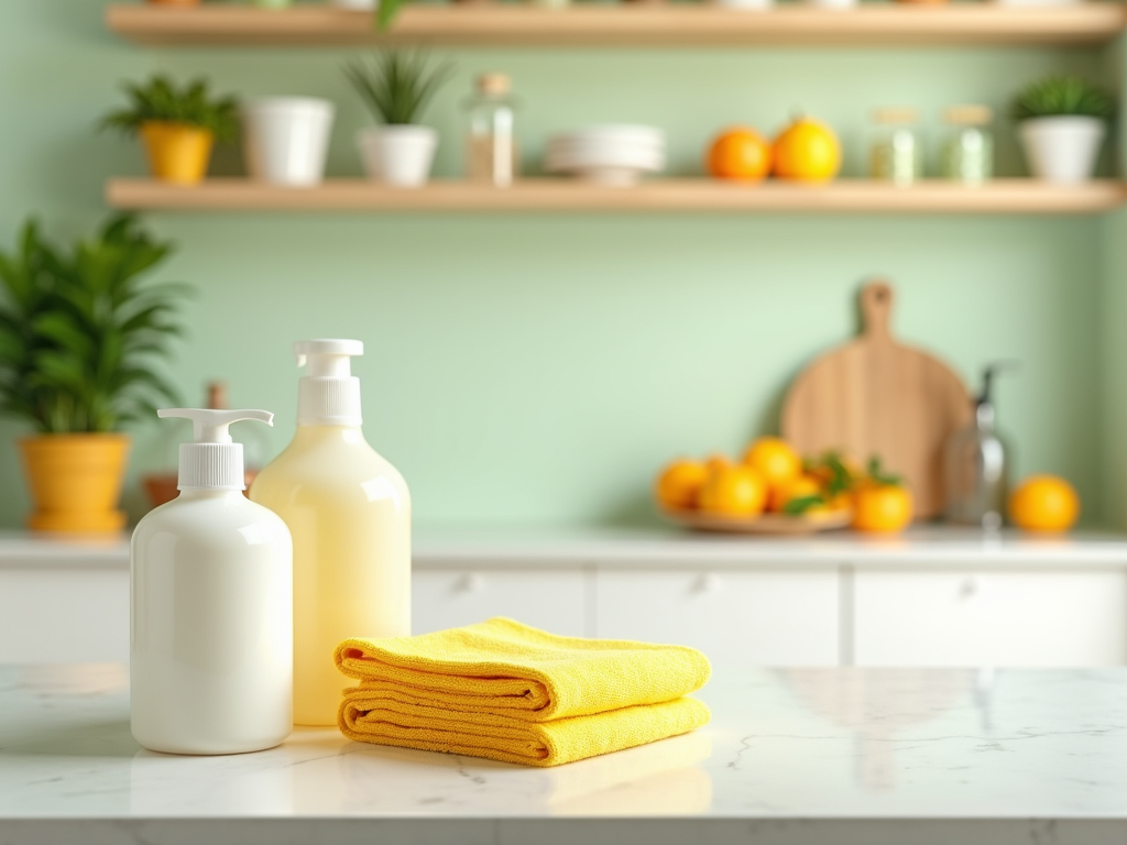 Two lotion bottles and yellow towels on a kitchen counter with plants and fruits in the background.