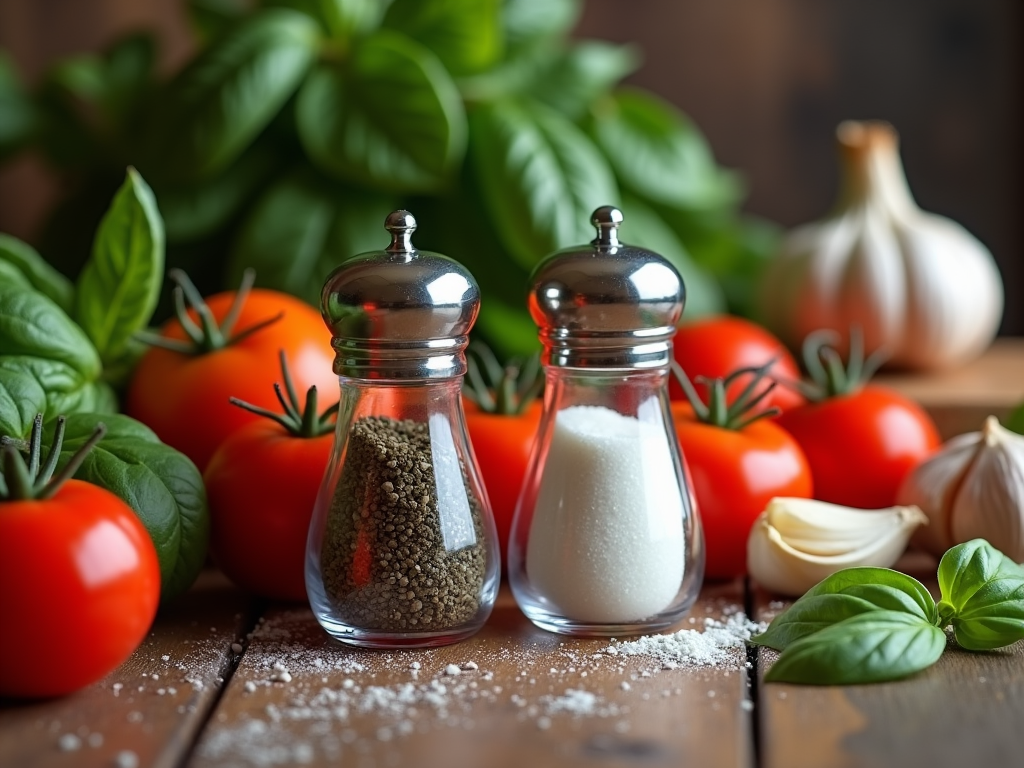 Salt and pepper shakers with fresh tomatoes, garlic, and basil on a wooden surface.