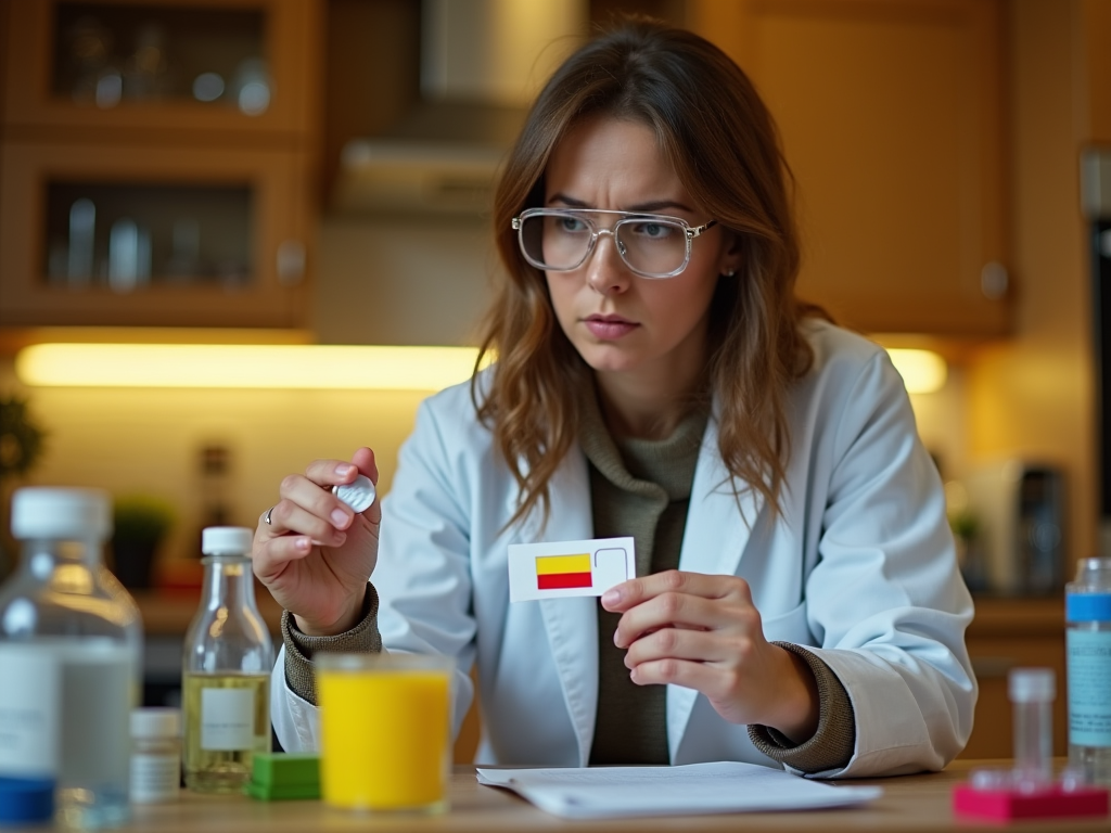 Focused woman in lab coat examining a test strip and a pill at a kitchen table with medical supplies.