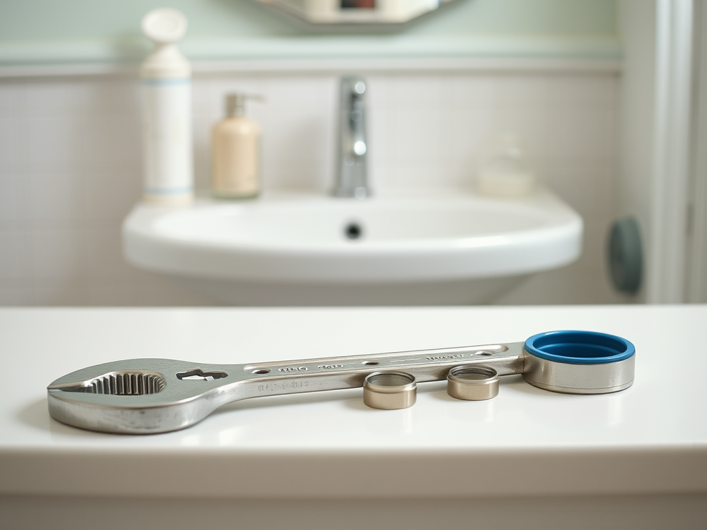 A metal adjustable wrench rests on a countertop, alongside two metallic rings and a blue plastic piece.