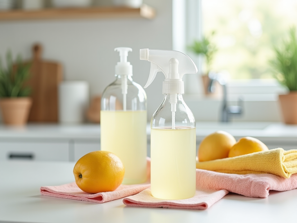 Natural cleaning products in spray bottles with fresh lemons on a kitchen counter.