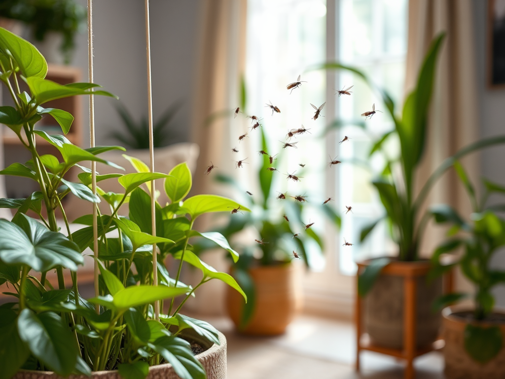 A bright indoor space filled with green plants, featuring multiple flying insects in the air.