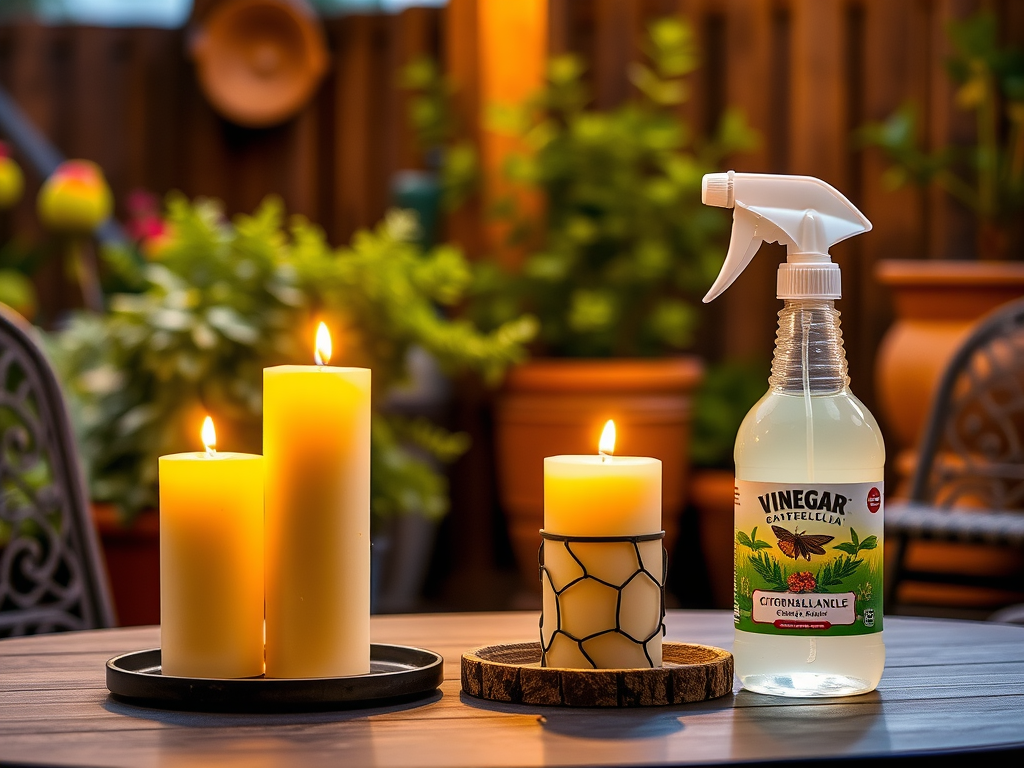 Two lit candles and a spray bottle labeled "Vinegar" on a wooden table, surrounded by greenery.