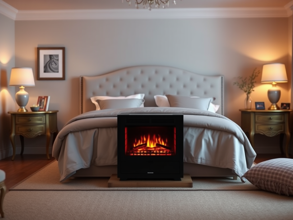 A cozy bedroom featuring a bed with plush bedding and an electric fireplace, softly lit by bedside lamps.