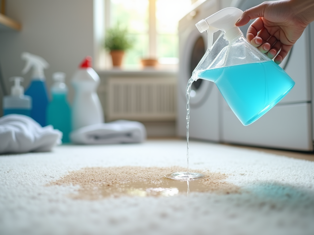 Hand pouring cleaning solution from a blue spray bottle onto a stain on a white carpet.