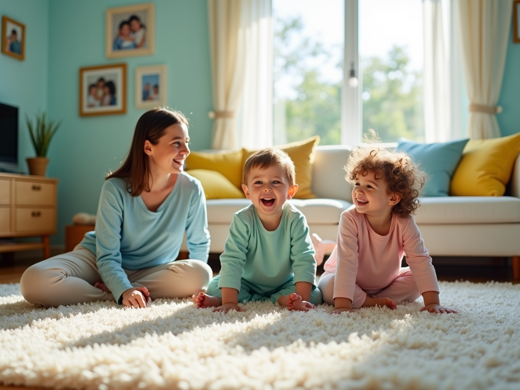 Mother and two toddlers smiling and playing on a sunny living room carpet.